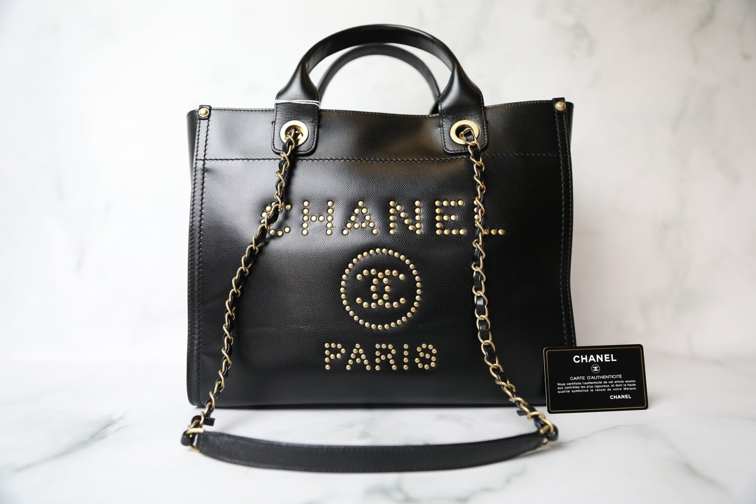 Chanel Leather Deauville Small, Black Caviar with Aged Gold Hardware, Preowned in Dustbag WA001