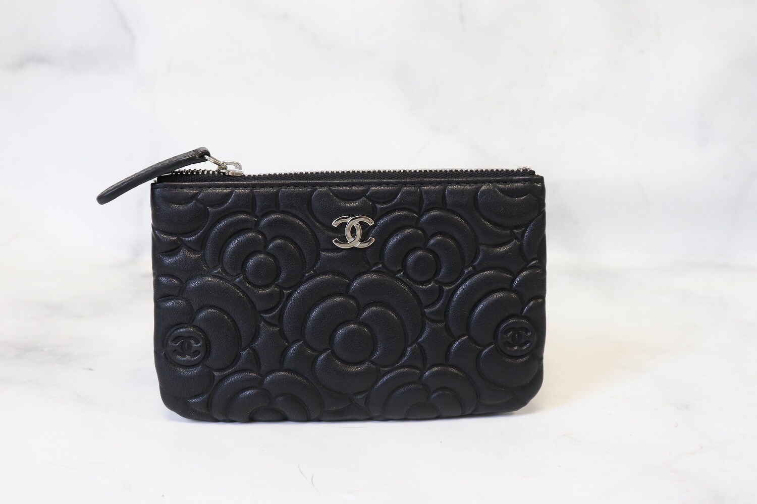 Chanel SLG Mini O Case Camellia, Black Lambskin Leather with Silver Hardware, New in Box