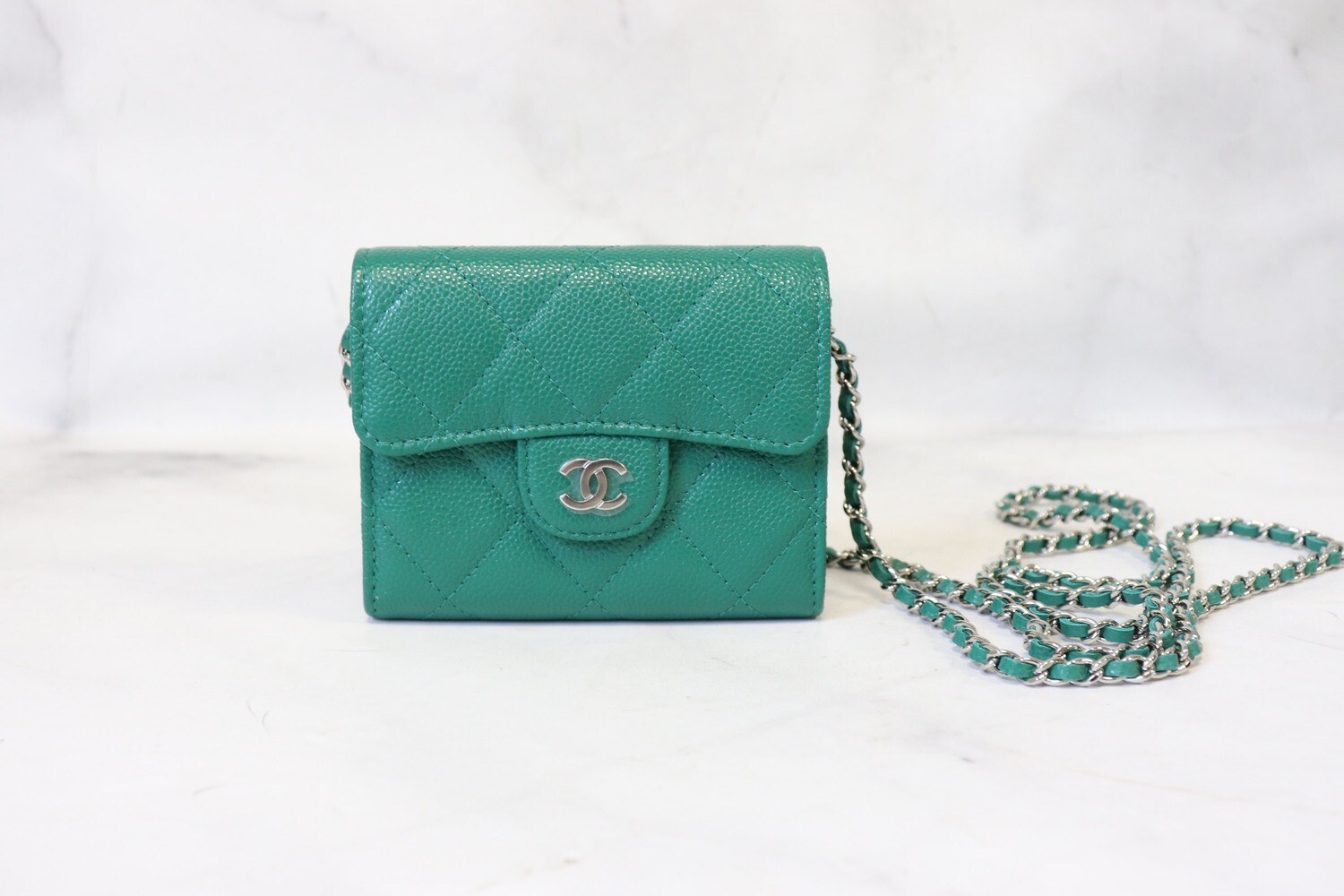 Chanel SLG Clutch on Chain, Green Caviar Leather, Silver Hardware, New in Box