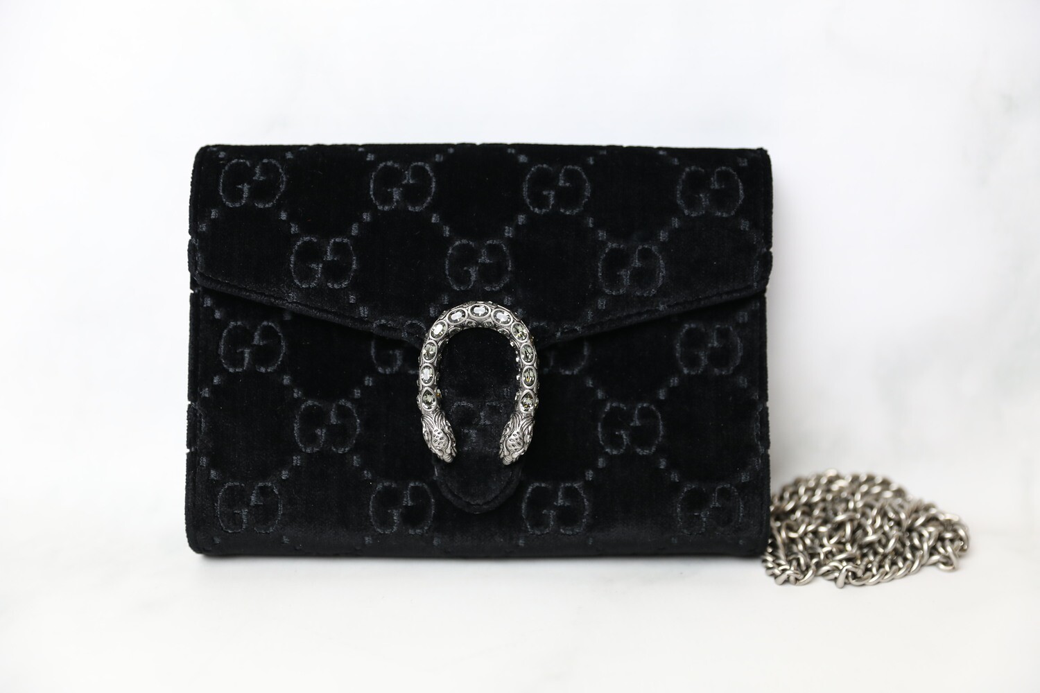 Gucci Dionysus Wallet on Chain Small, Black Velvet, Preowned in Box WA001