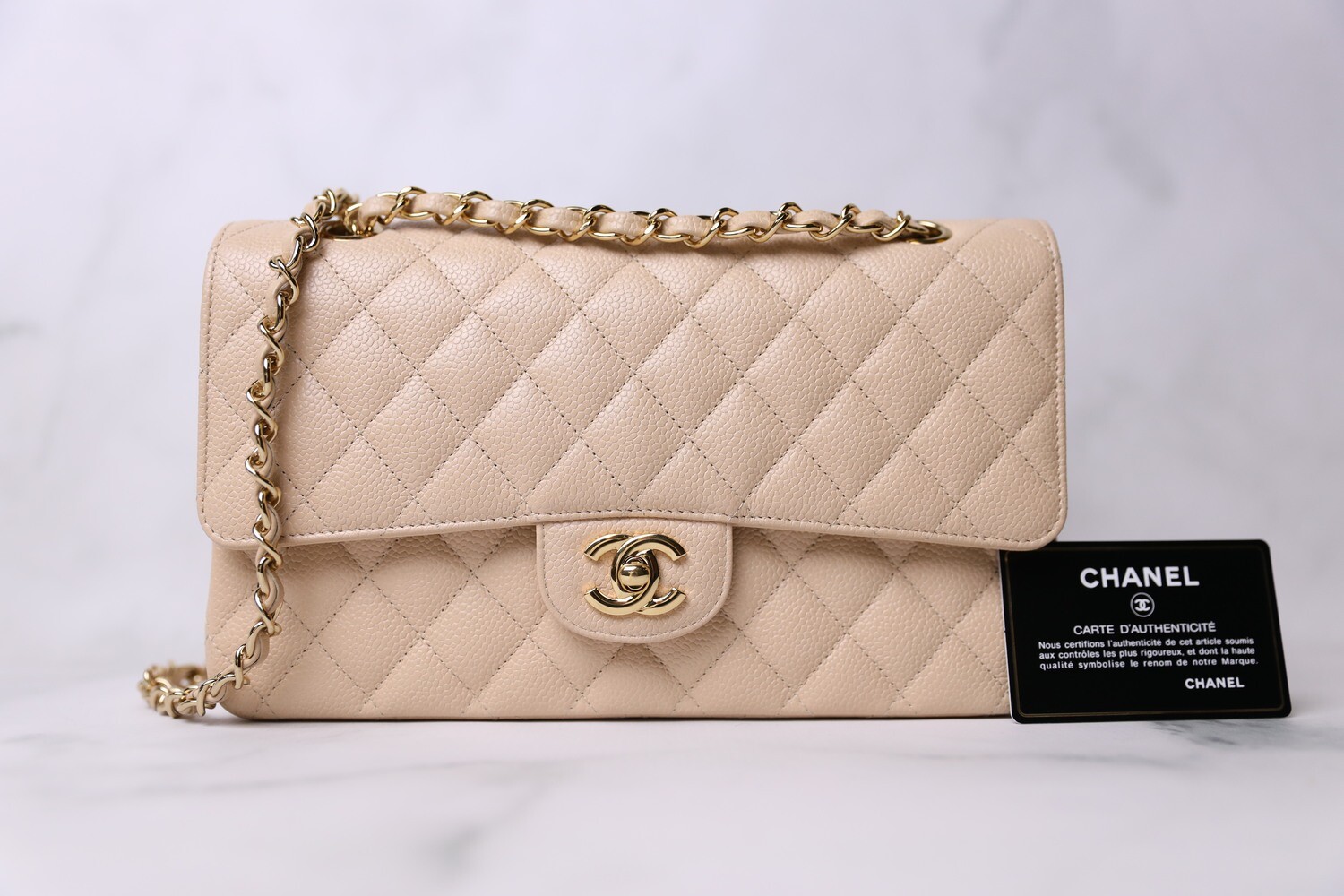 Chanel Classic Medium, Beige Clair Caviar with Gold Hardware, Preowned in Box WA001