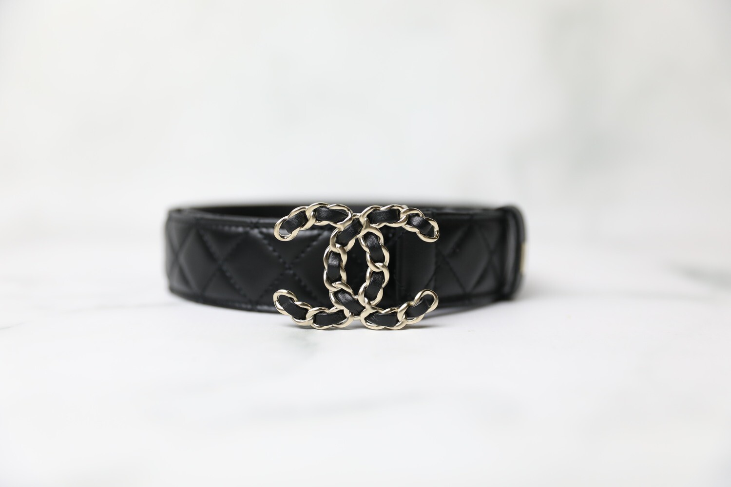 Chanel Quilted Belt, Black Lambskin with Light Gold Hardware, Size 80 preowned in Box WA001
