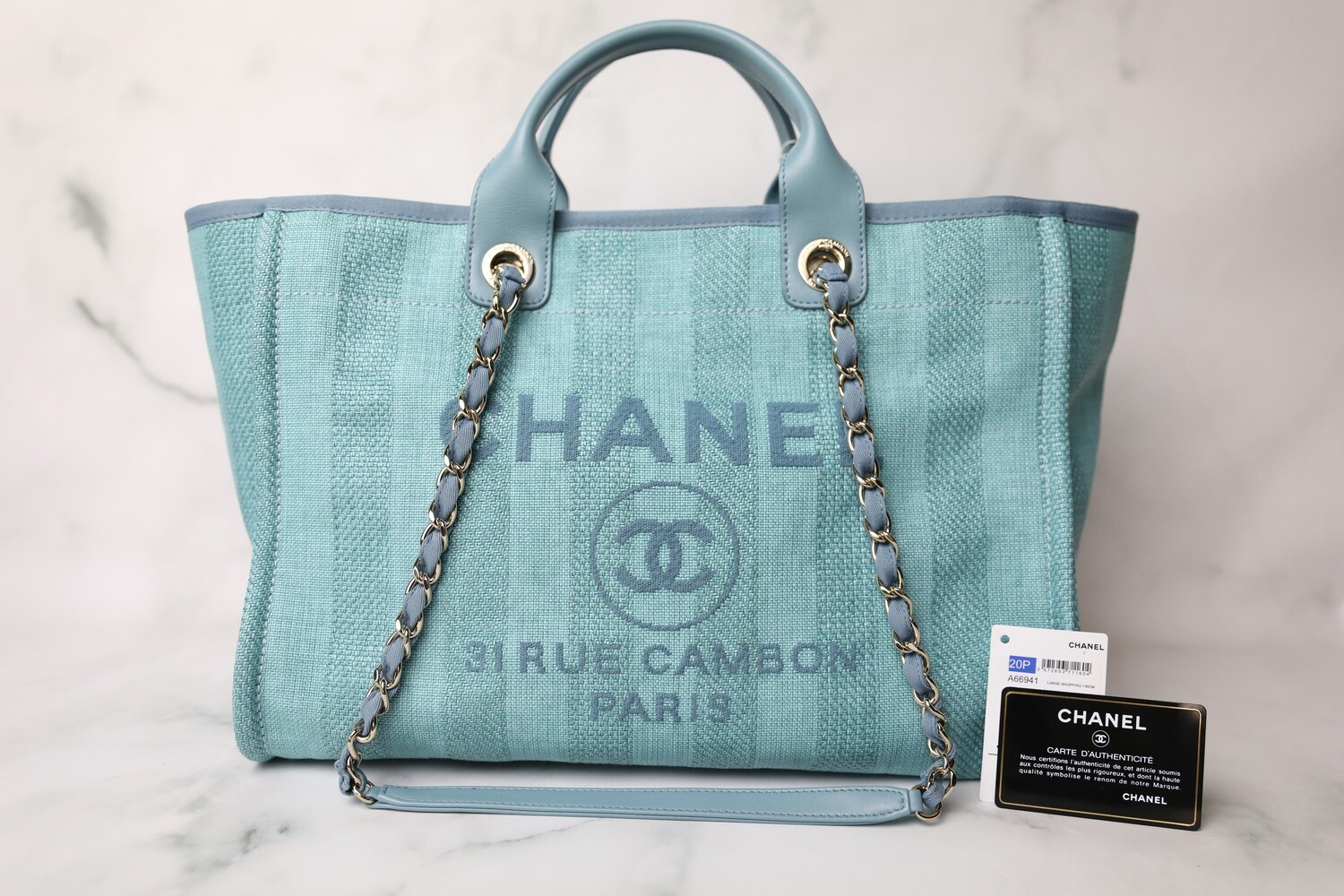 Chanel Deauville Large, Blue Striped with Gold Hardware, Preowned in Dustbag WA001