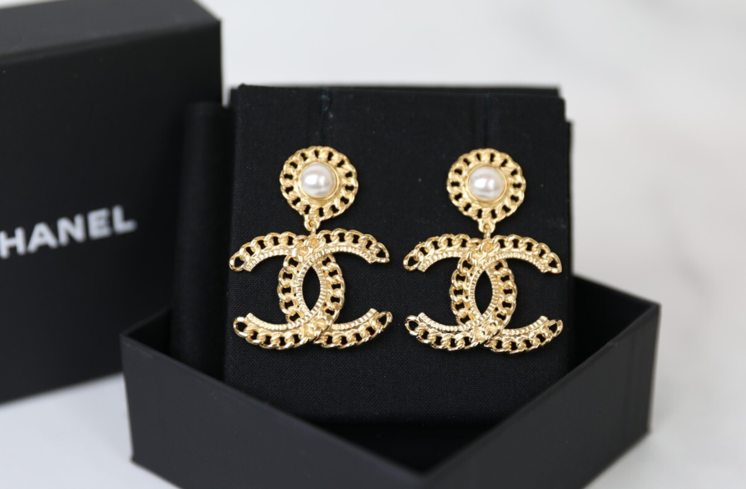 Chanel Earrings Pearl Drop Clip Ons, New in Box
