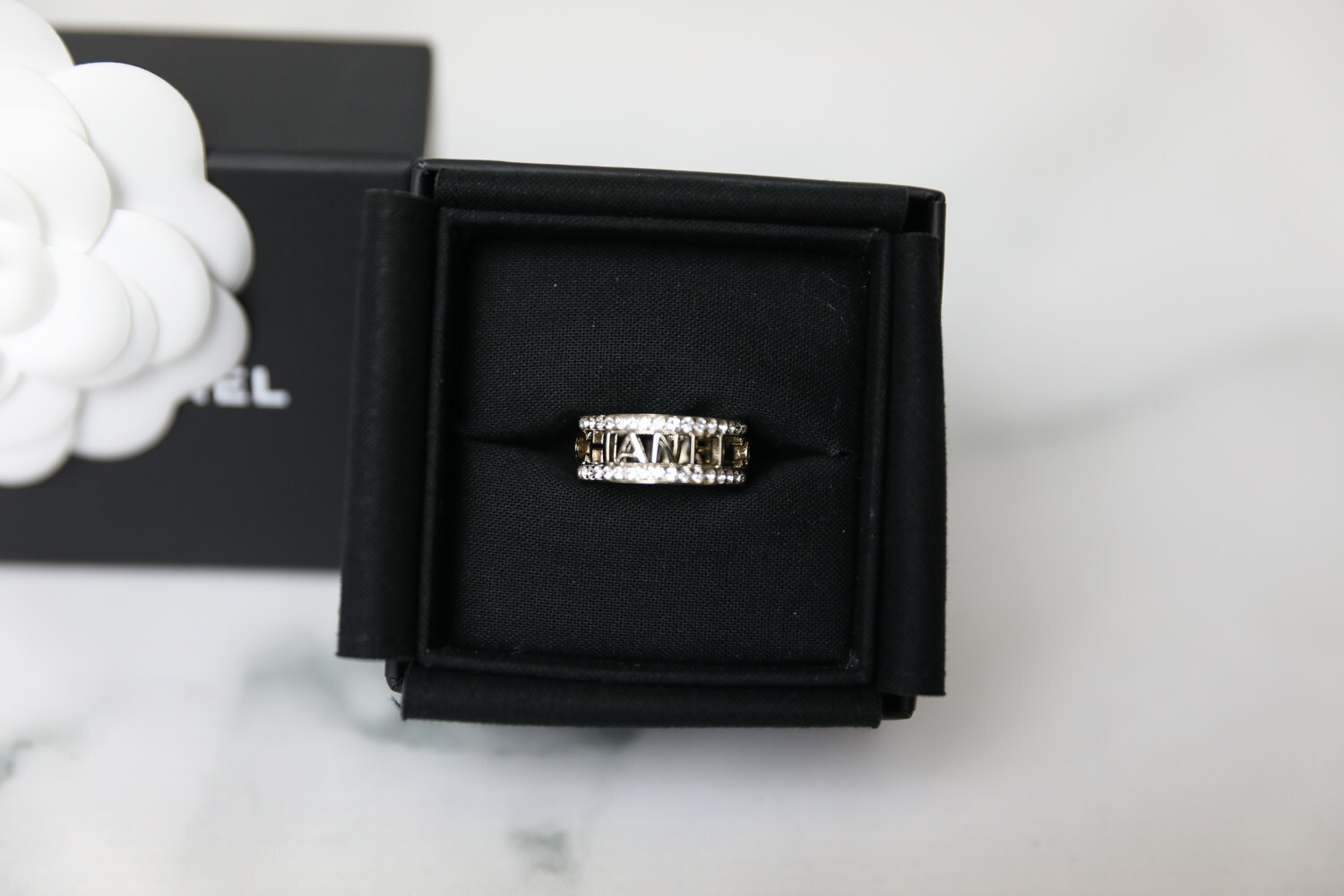 Chanel Ring, Crystal and Gold Tone Lettering Size 54, New in Box WA001