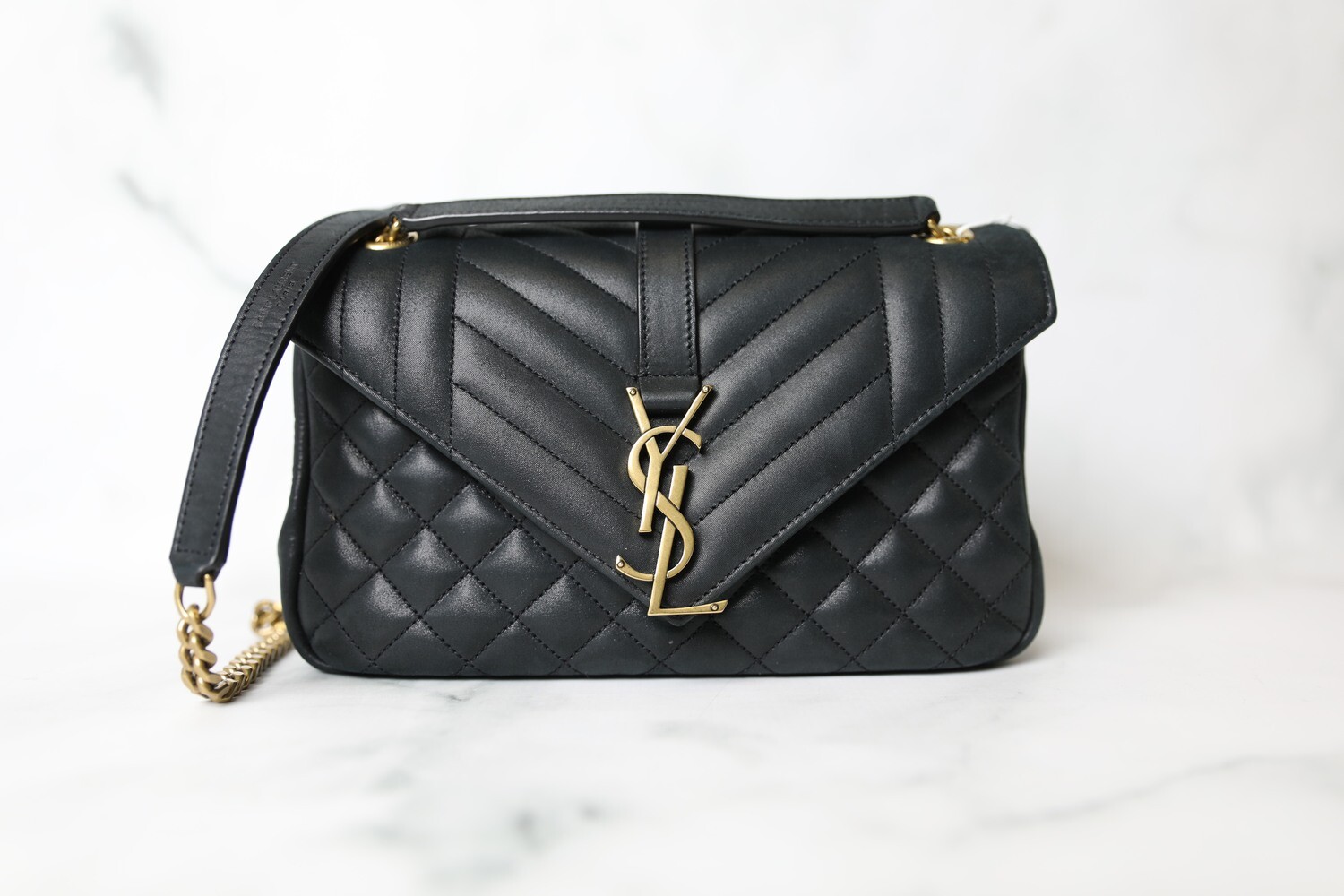 Saint Laurent Envelope Small, Black Fabric with Gold Hardware, Preowned in Dustbag WA001
