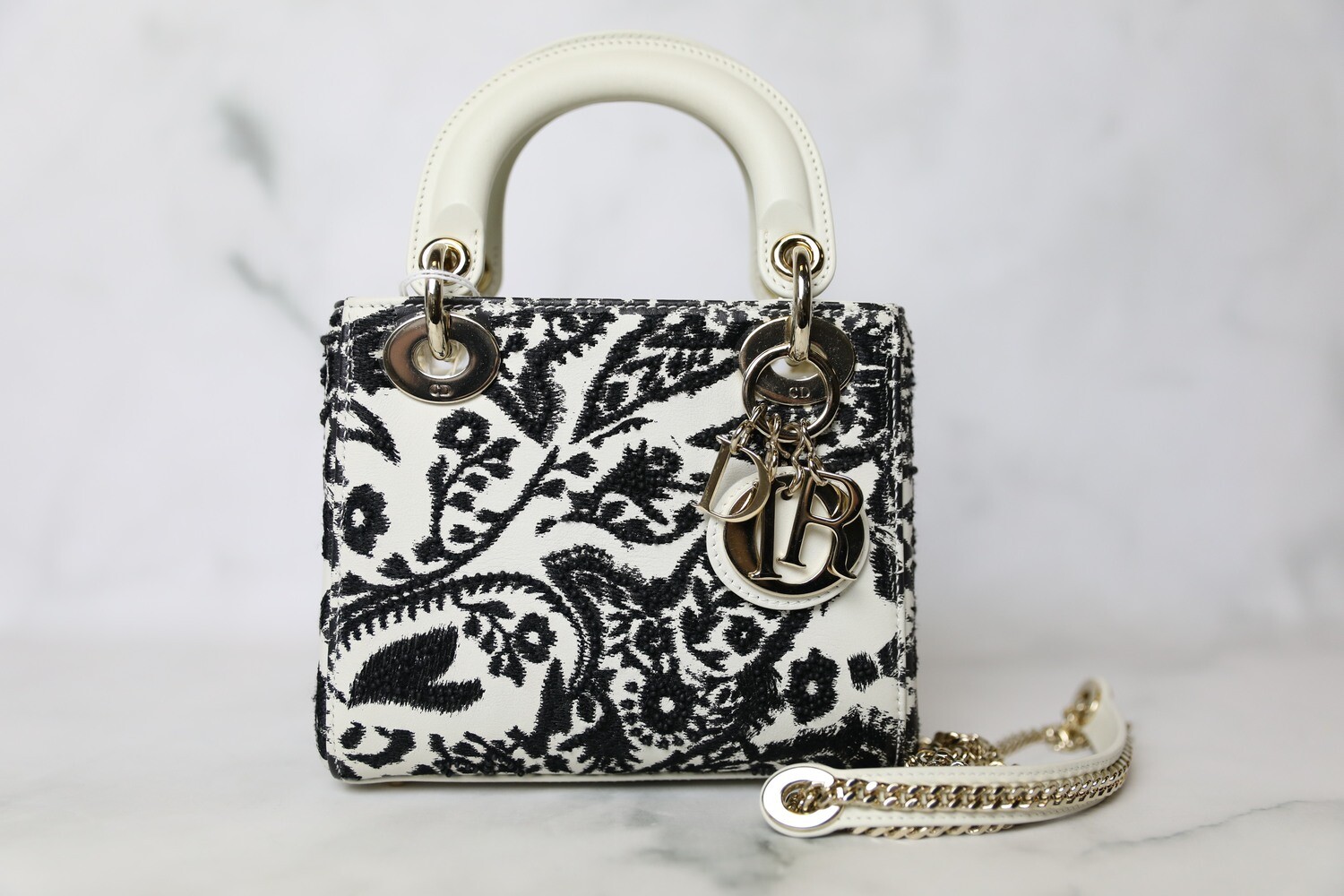 Dior Lady Dior mini, White Leather with Black Embroidery, Preowned in Box WA001