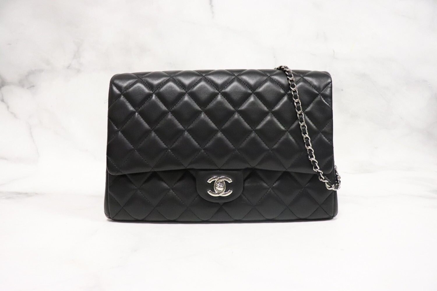 Chanel Flap Clutch with Chain, Black Lambskin Leather, Silver Hardware, Preowned in Dustbag