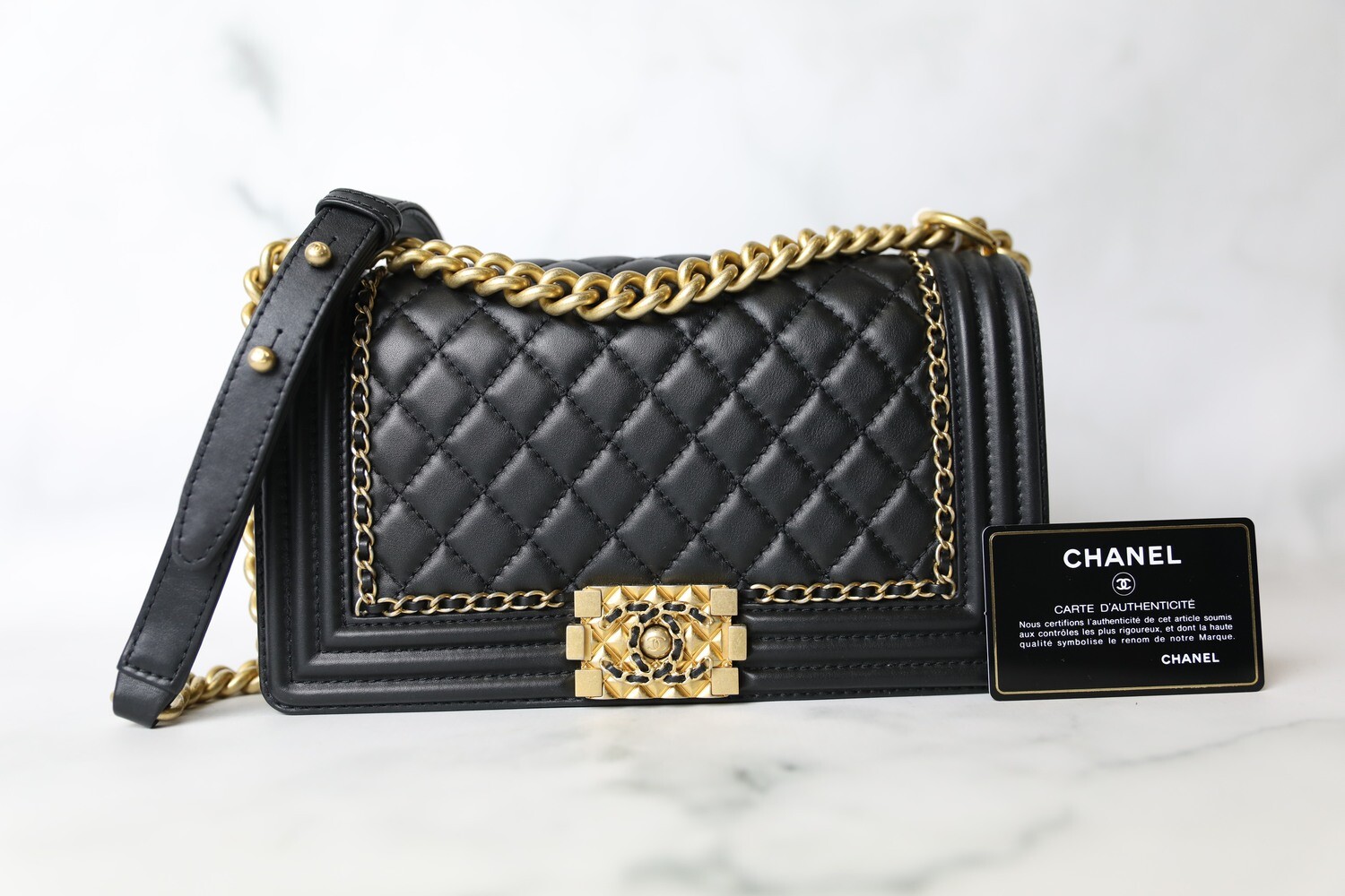 Chanel Old Medium Boy with Chain Detail, Black Lambskin with Aged Gold Hardware, Preowned in Box WA001