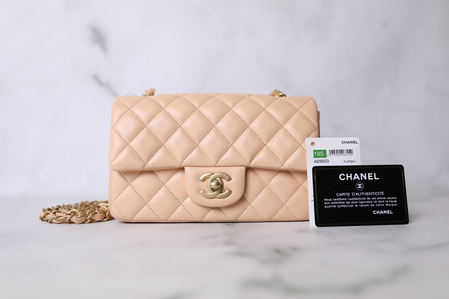 Chanel Classic Mini Rectangular, Peach Lambskin with Matte Gold Hardware, Preowned in Box WA001