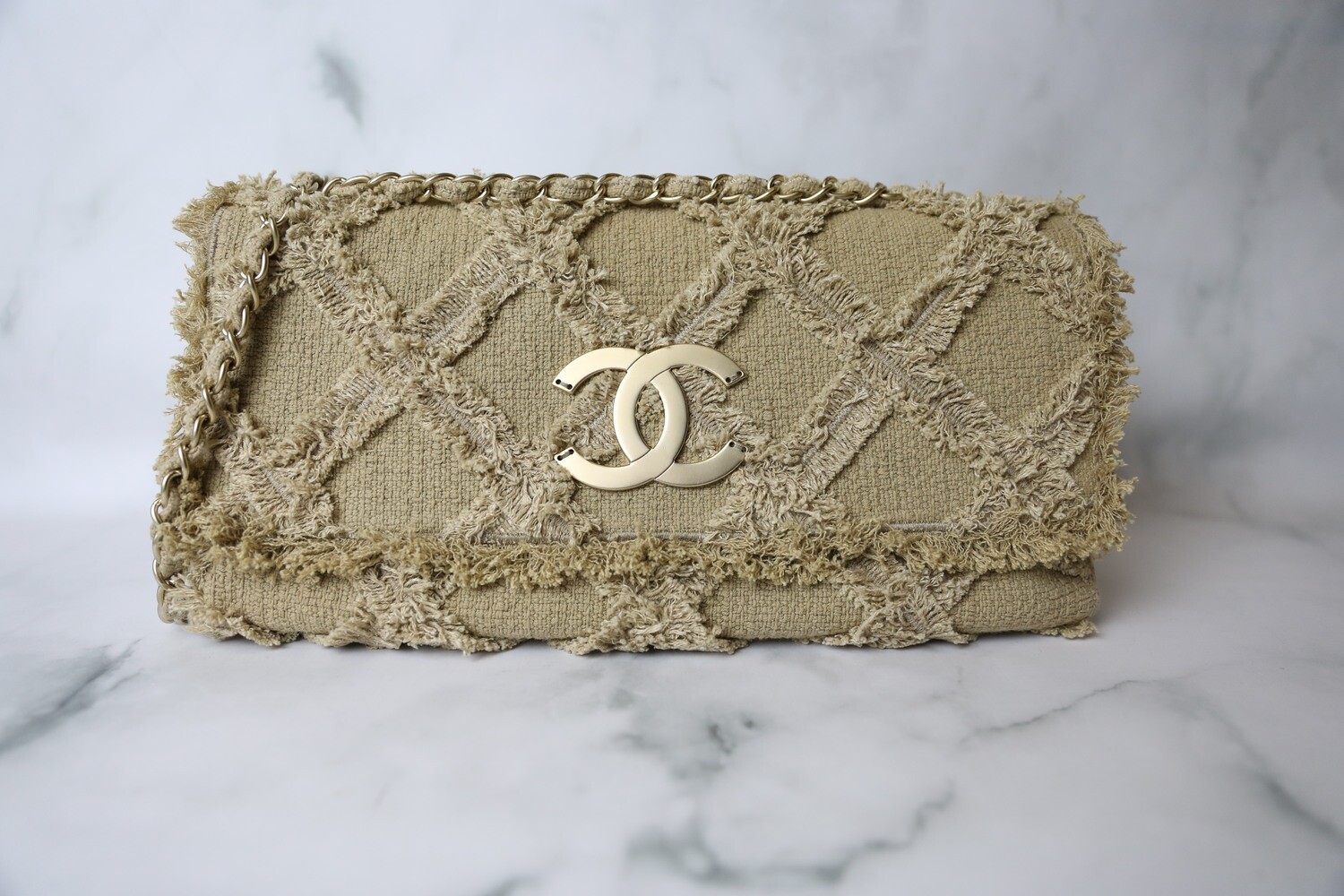 Chanel Fringe Flap XL, Tan Canvas with Matte Gold Hardware, Preowned in Dustbag