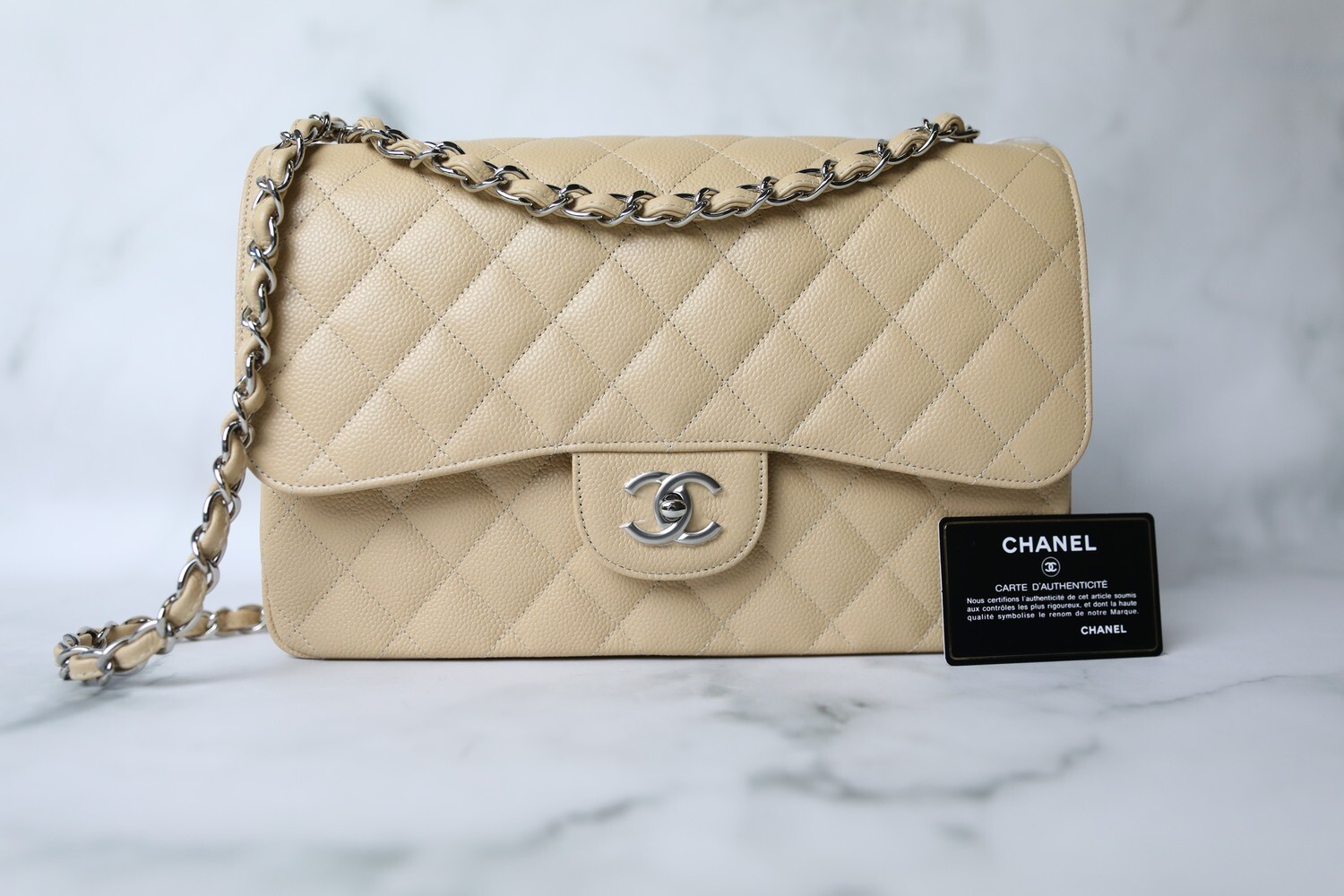 Chanel Classic Jumbo, Beige Clair Caviar with Silver Hardware, New in Box WA001