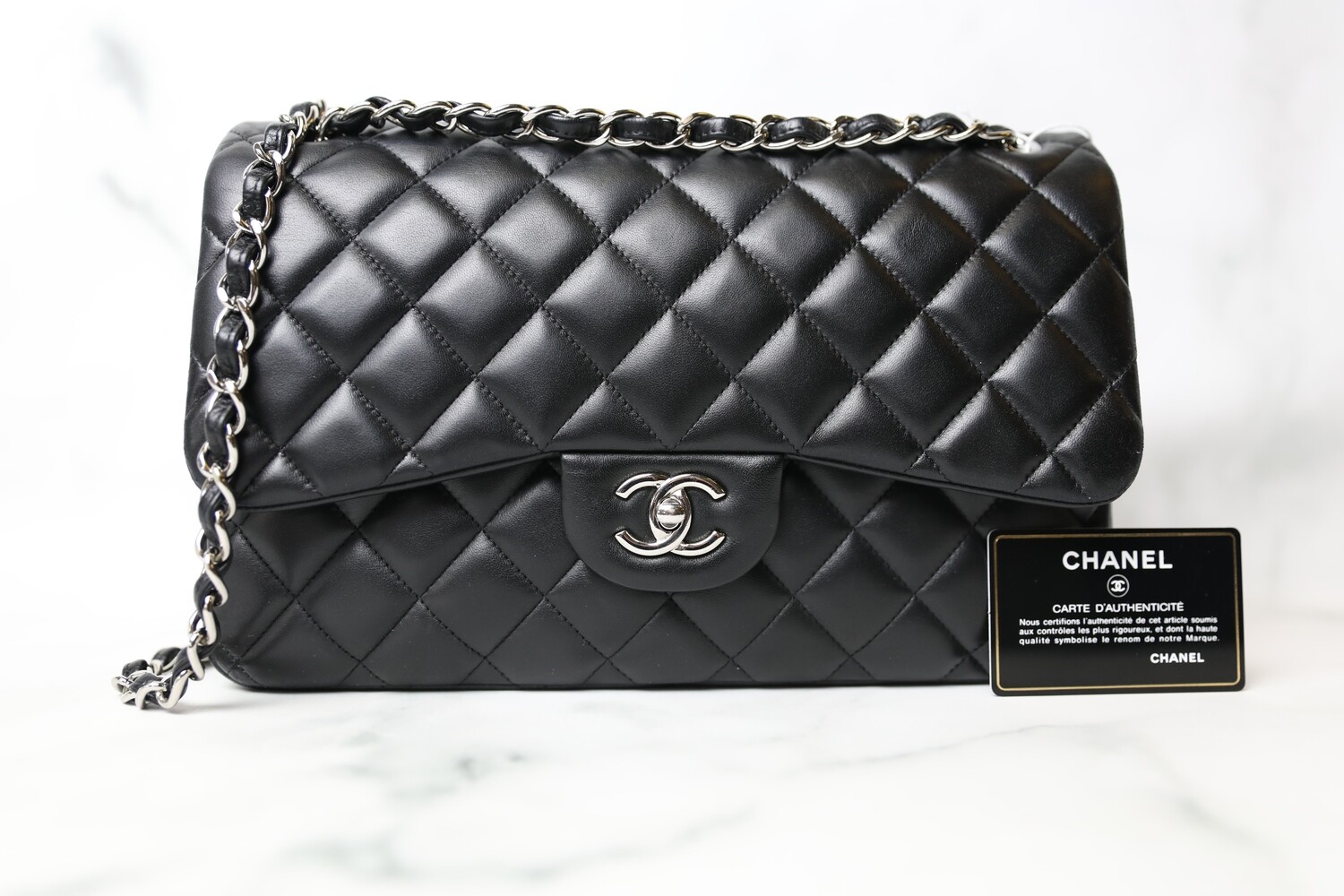 Chanel Classic Jumbo, Black Lambskin with Silver Hardware, Preowned in Box WA001