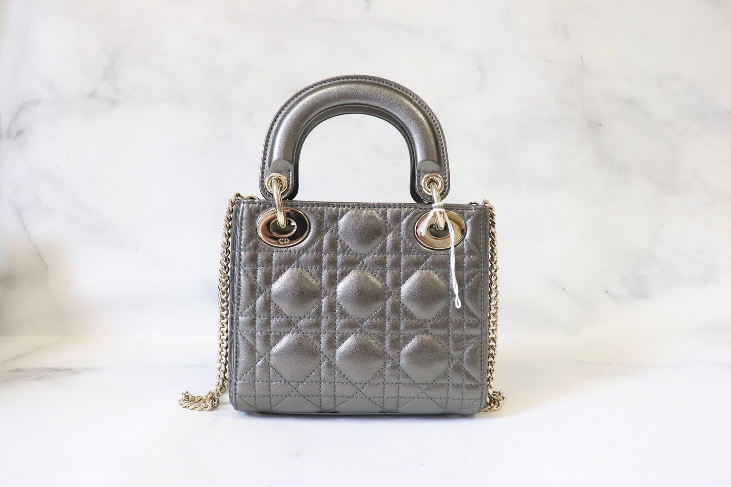 Dior Lady Dior Mini, Metallic Dark Grey with Light Gold Hardware, Like New in Dustbag