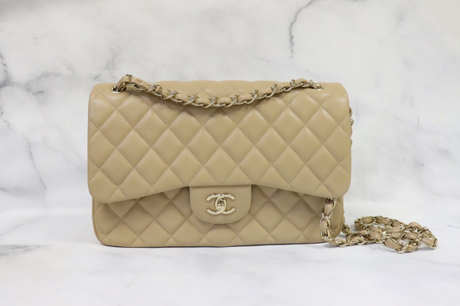 Chanel Classic Jumbo Double Flap, Dark Beige 19B Caviar Leather, Gold Hardware, Preowned in Box