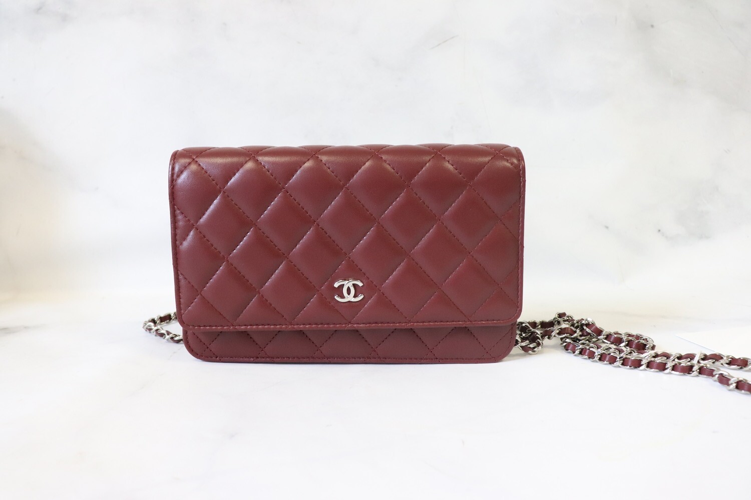 Chanel Wallet on Chain Burgundy Red Lambskin Leather, Silver Hardware, As New in Dustbag