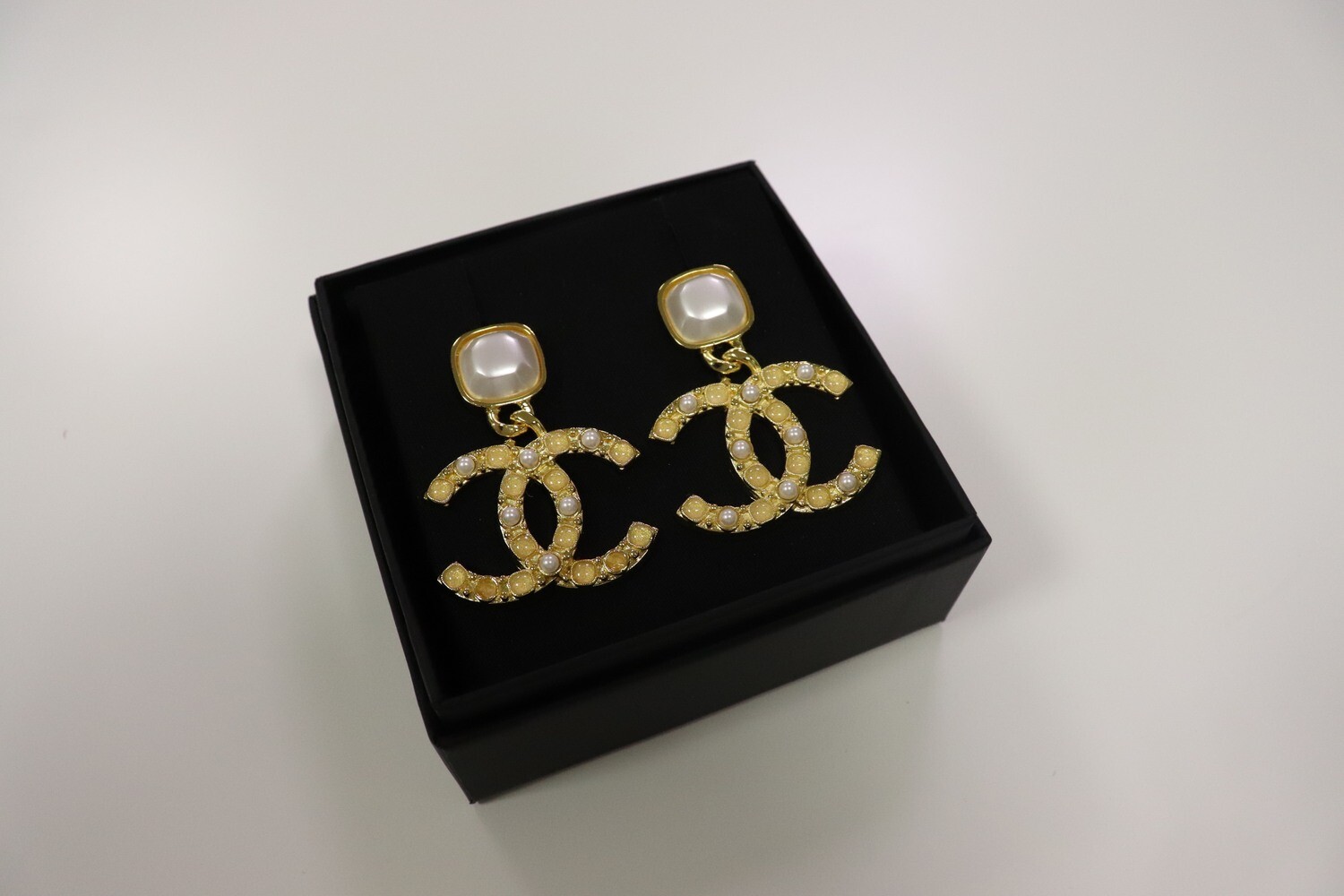Chanel Earrings Gold CC with Pearl Drop, New in Box