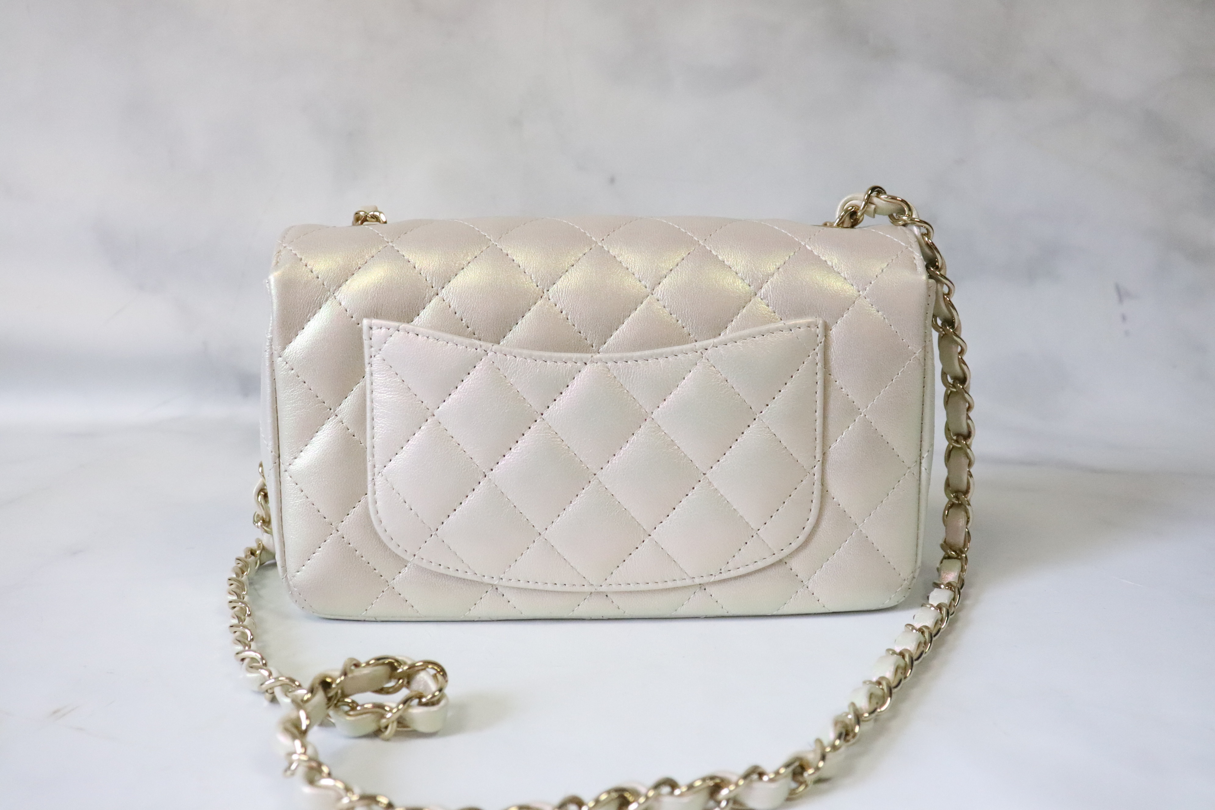 Chanel Mini Iridescent 20B Pearly Ivory Lambskin Leather, Shiny Gold  Hardware, New in Box