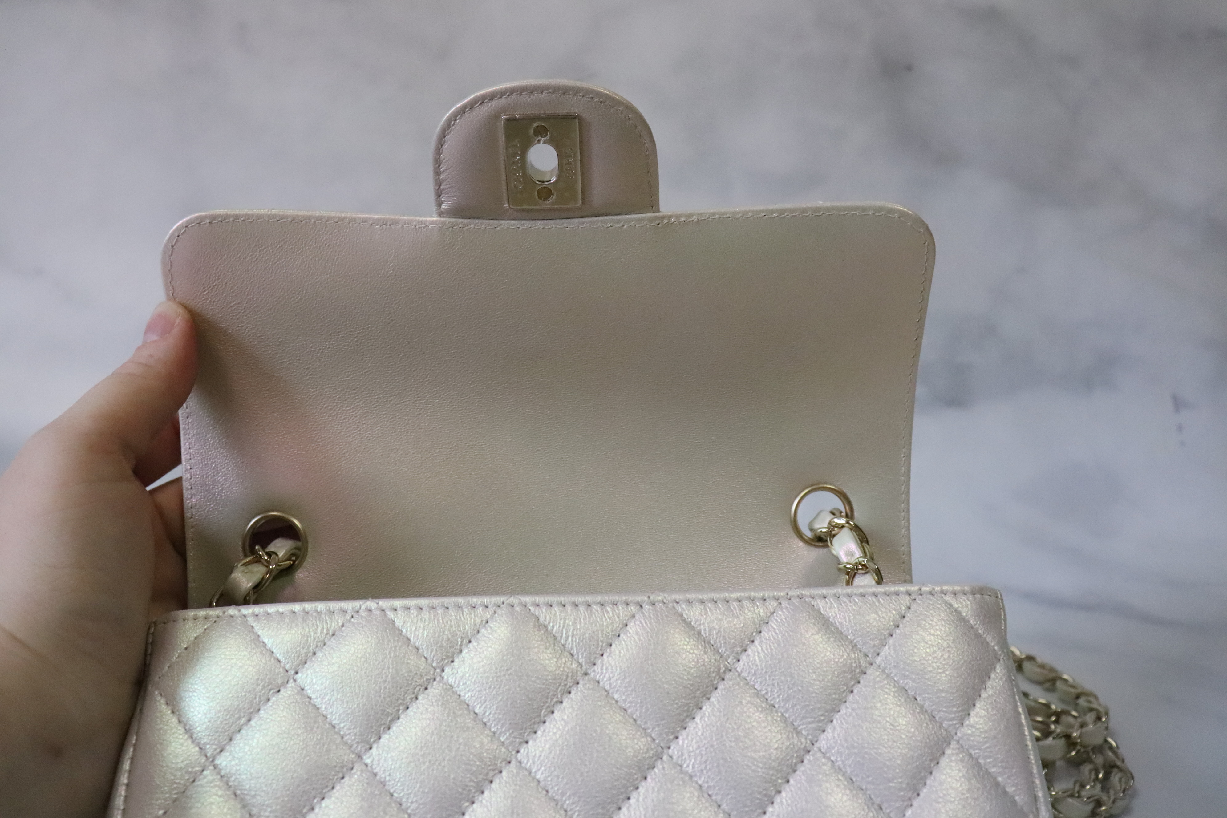 Chanel Mini Iridescent 20B Pearly Ivory Lambskin Leather, Shiny Gold  Hardware, New in Box