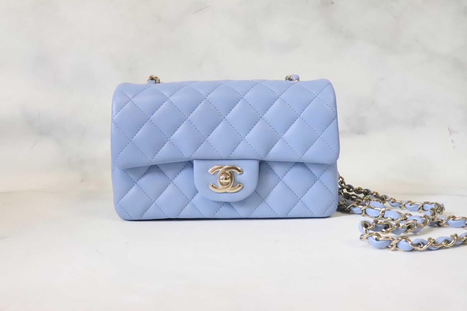 Chanel Mini Rectangle Classic Light Blue with Gold Hardware, New in Box