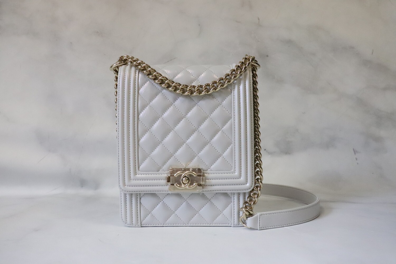 Chanel Boy North, Light Grey 19S Pearly Glazed Calfskin Leather, Light Gold Hardware, Preowned in Box