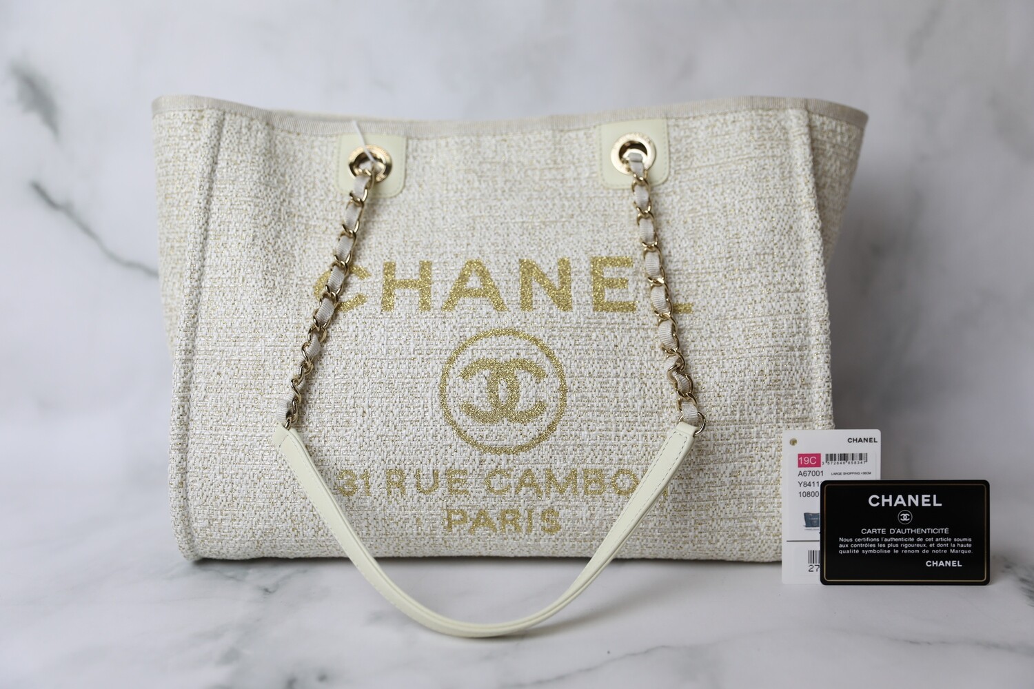 Chanel Deauville Small, Ivory with Gold Lettering, Preowned in Dustbag WA001