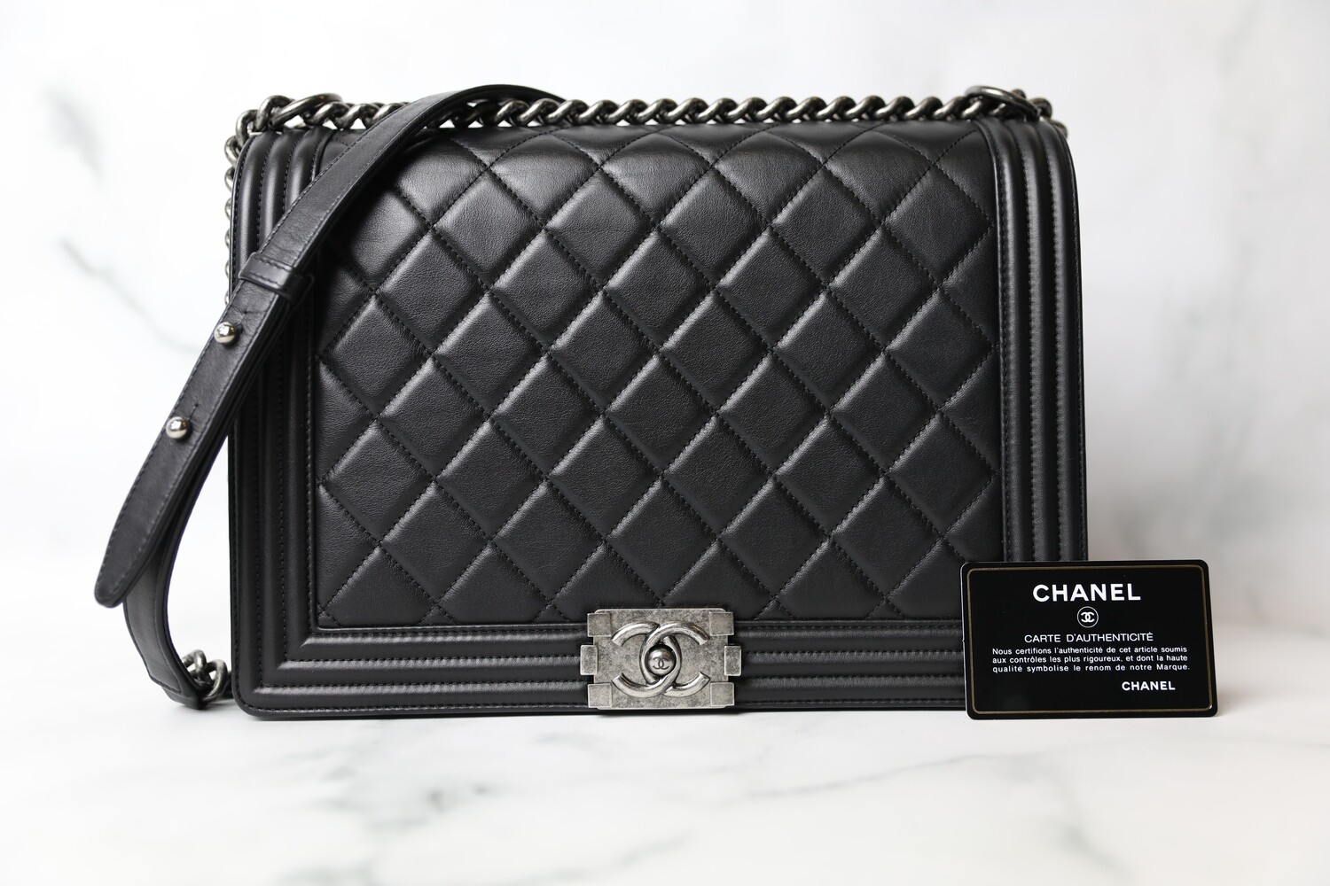 Chanel Boy Large, Black Lambskin with Ruthenium Hardware, Preowned in Box WA001