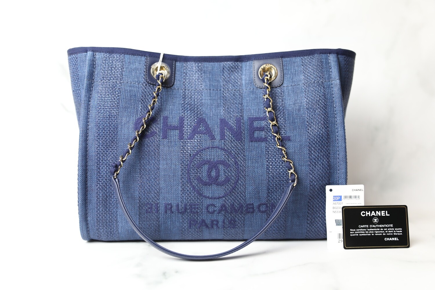 Chanel Deauville Small, Navy Striped Tweed with Gold Hardware, New in Box WA001