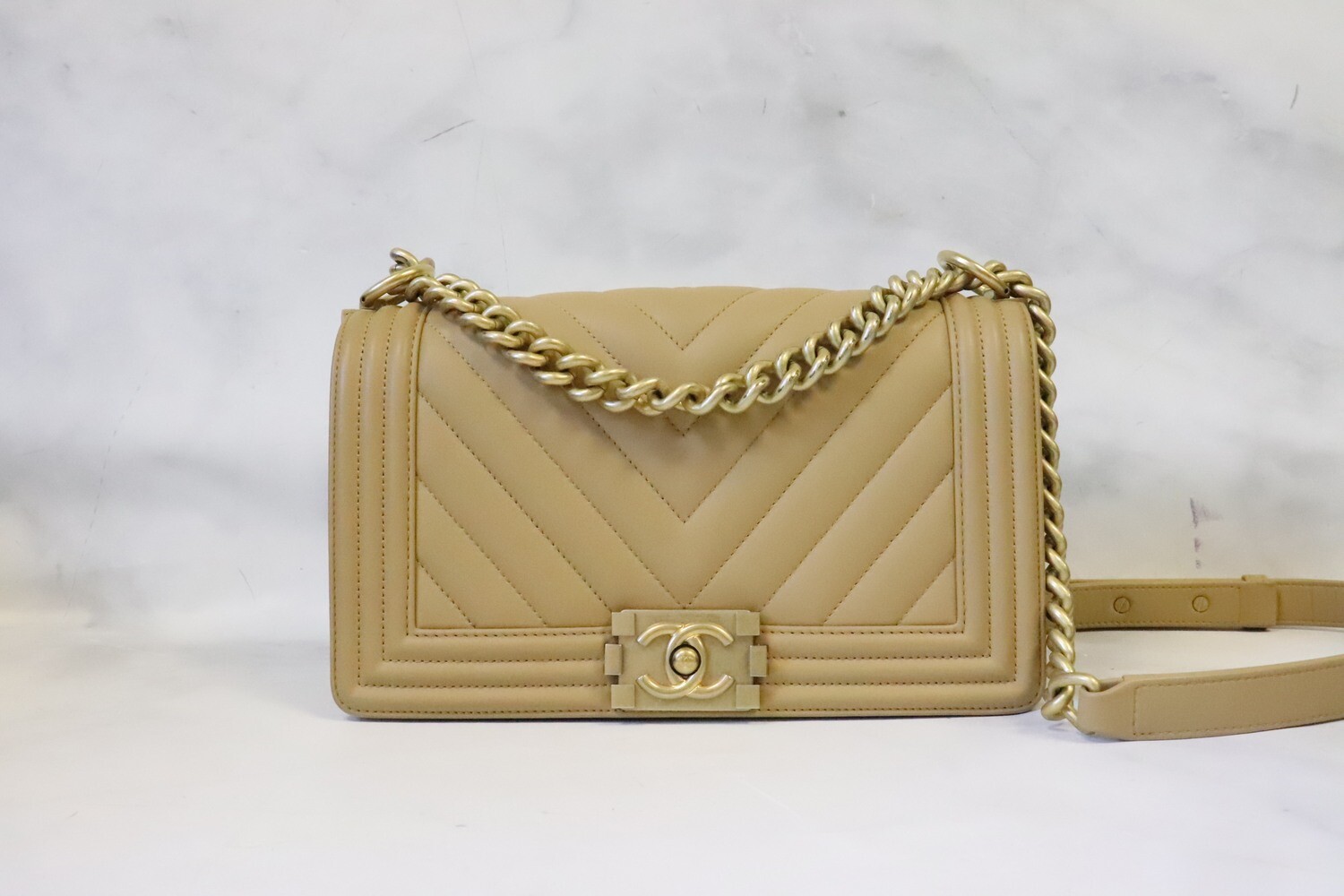 Chanel Boy Old Medium Beige Calfskin Leather, Antique Gold Hardware, Preowned in Box