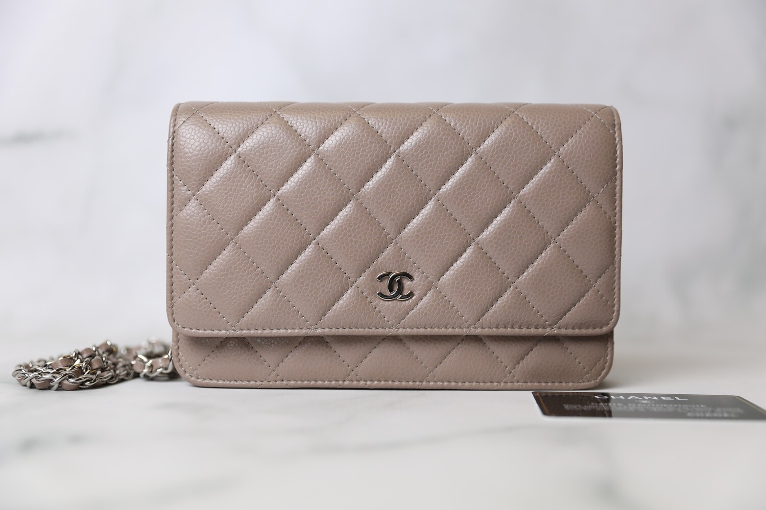 Chanel Classic Wallet on Chain, Taupe Caviar with silver Hardware, Preowned in Box WA001