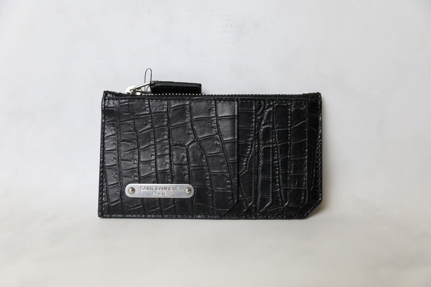 Saint Laurent SLG Zip Cardholder Wallet, Black Croc Embossed with Silver Hardware, New in Box WA001