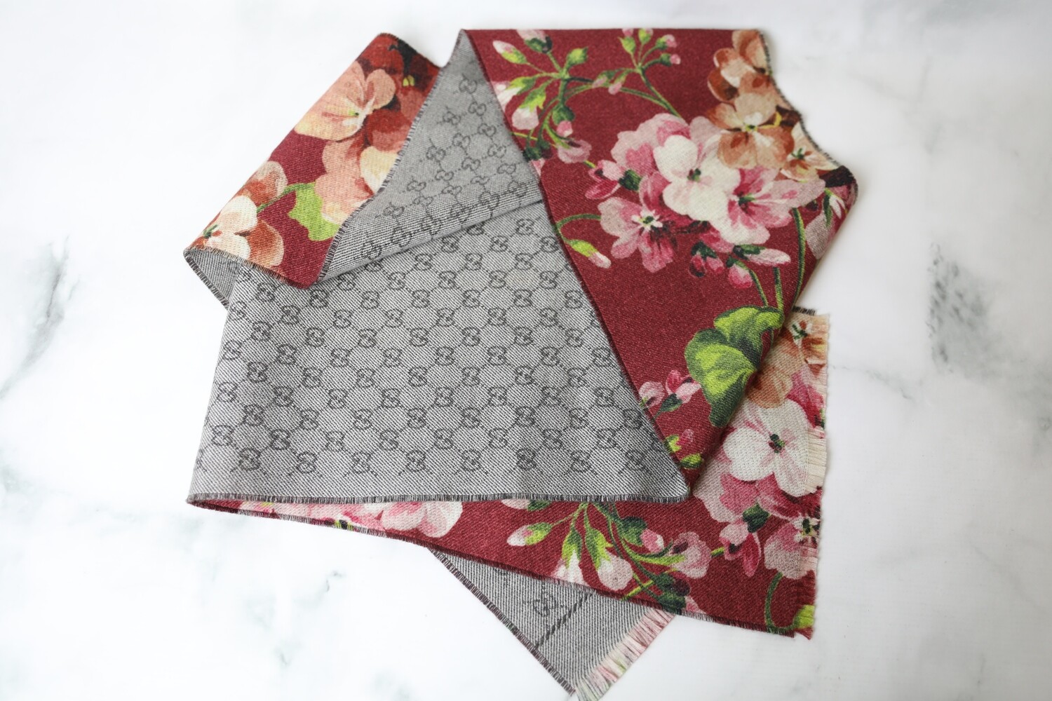 Gucci Scarf, Monogram Print with Fringe, Preowned WA001