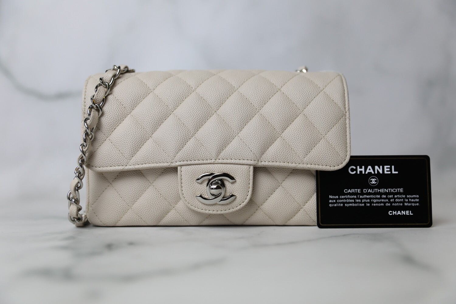 Chanel Classic Mini Rectangular, Light Beige Caviar with Silver Hardware,  Preowned in Dustbag WA001