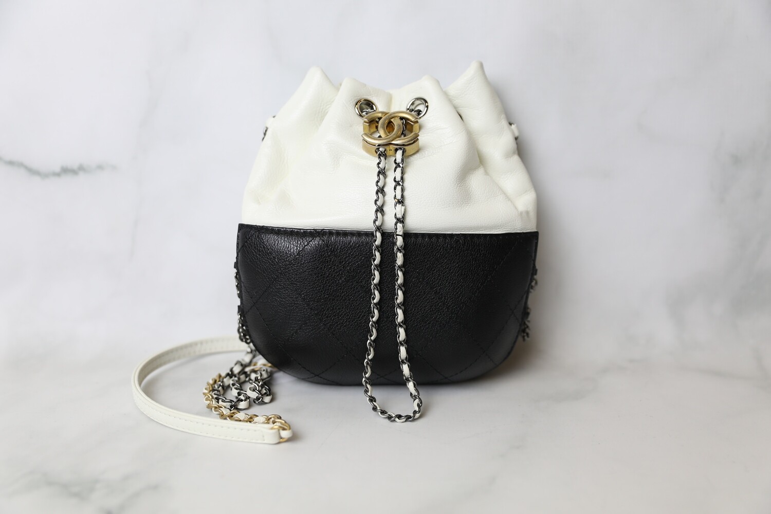 Chanel Gabrielle Drawstring Bag, Black and White Calfskin, Preowned in Box WA001