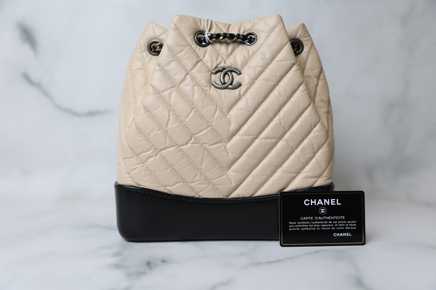 Chanel Gabrielle Backpack Small, Beige and Black with Ruthenium Hardware, Preowned in Box WA001