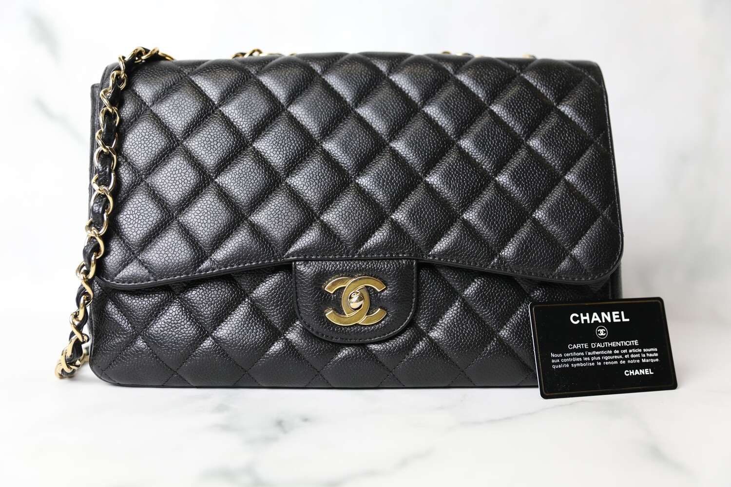 Chanel Classic Jumbo Single Flap, Black Caviar with Gold Hardware, Preowned in Box WA001