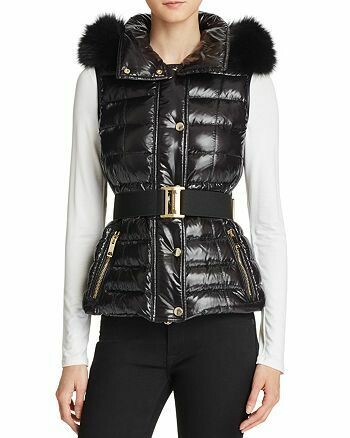 Burberry Puffer Belted Vest, Black with Fur Trim, Size Large, New with Tags WA001