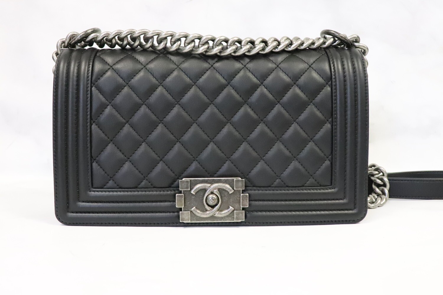 Chanel Boy Old Medium Black Calfskin Leather, Ruthenium Hardware, New in Box