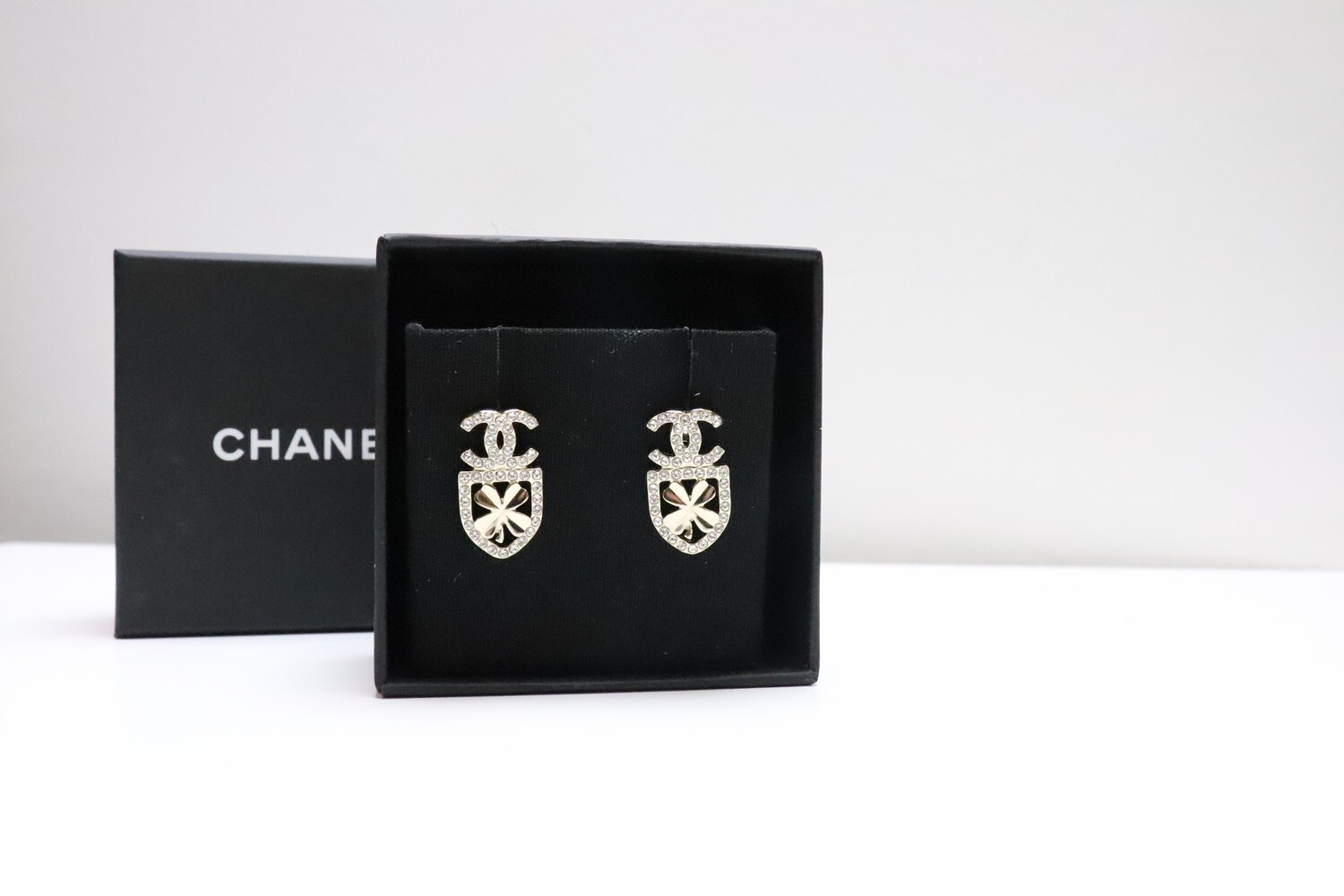 Chanel Earrings Studs Crystal CC with Shield, New in Box