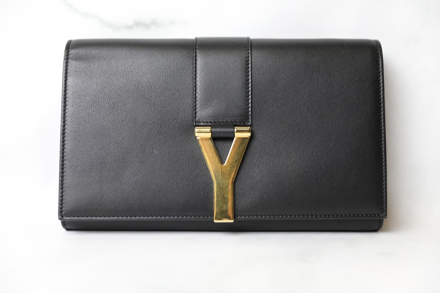 Saint Laurent Ligne Clutch with Chain, Black with Gold Hardware, Preowned in Box WA001