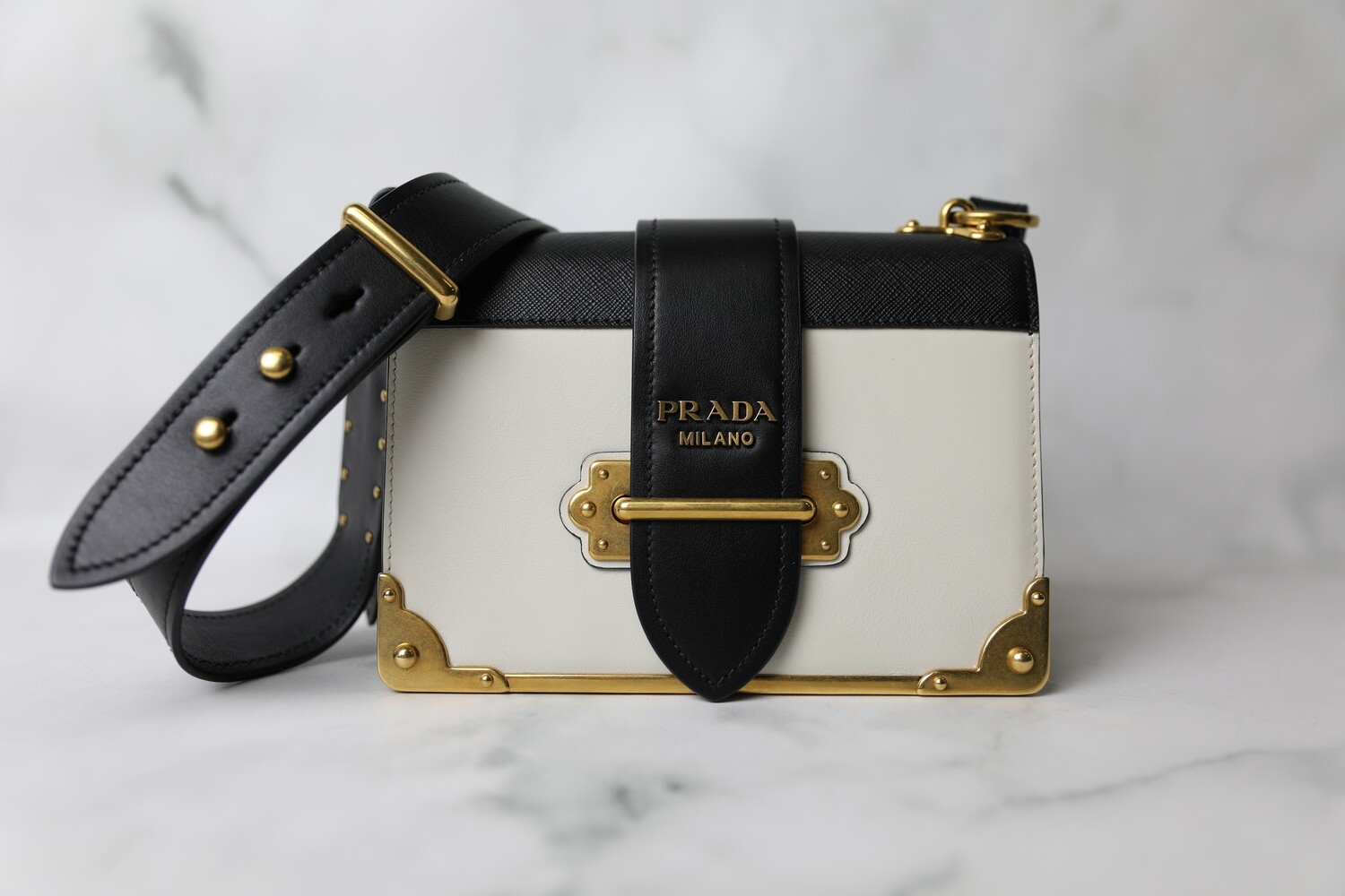 Prada Cahier, Black and White with Gold Hardware, Preowned in Box WA001