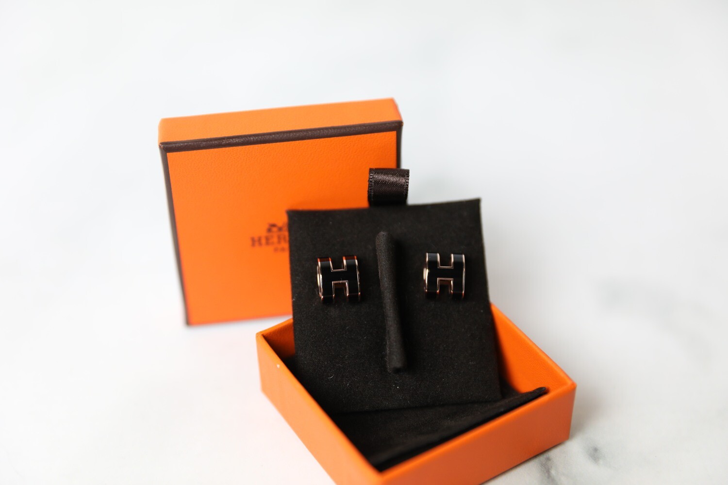 Hermes Pop H Earrings, Black with Silver, New in Box WA001