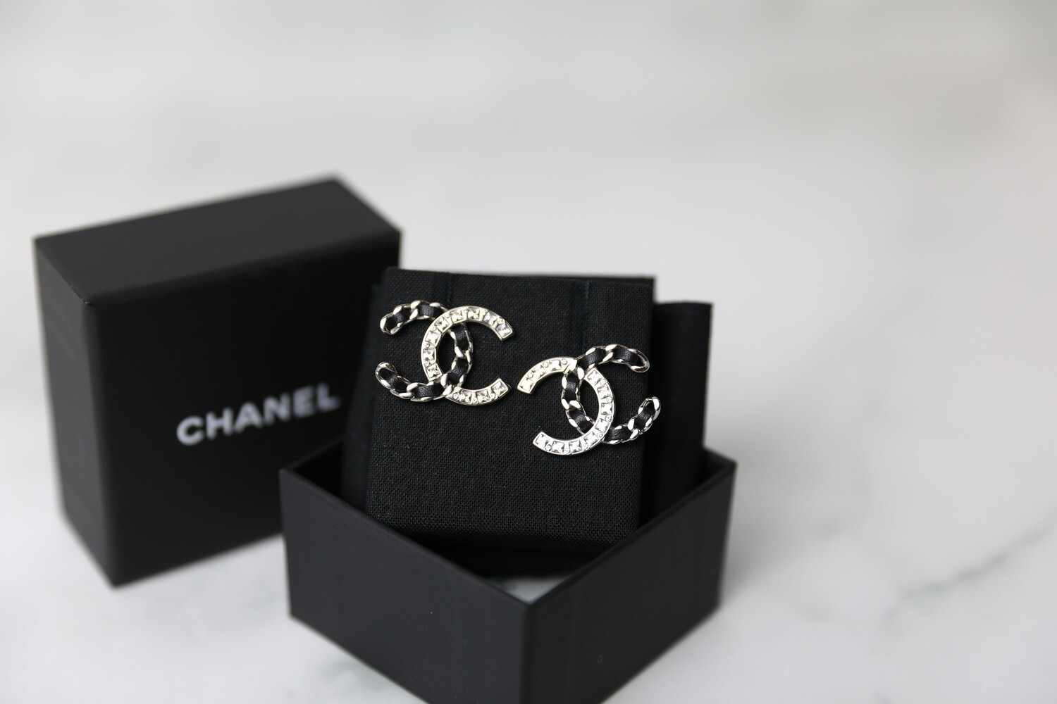 Chanel Black Threaded and Crystal Earrings Large, New in Box