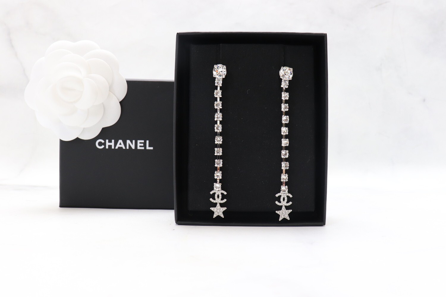 Chanel Earrings Crystal Drop Dangles with Stars, New in Box