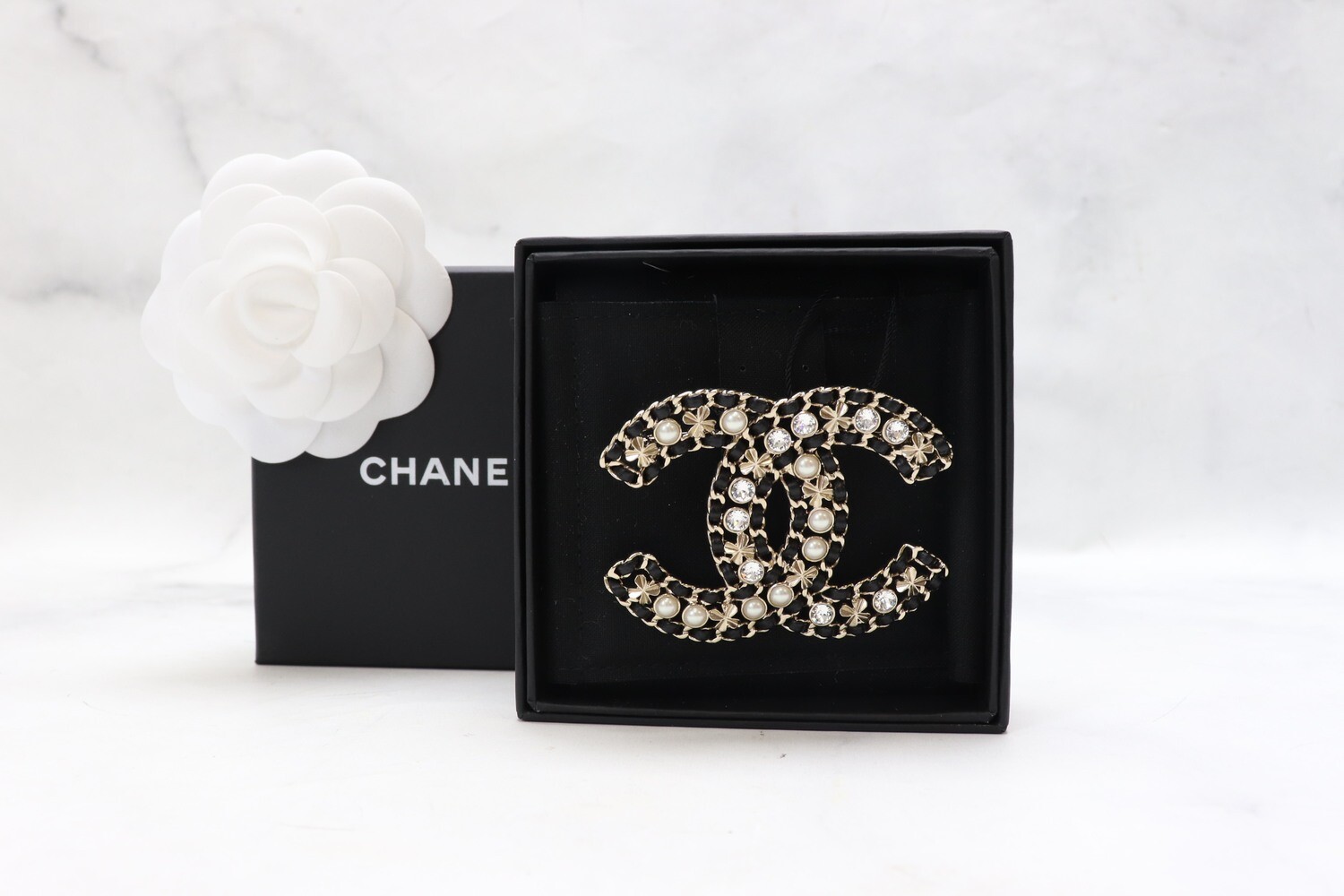 Chanel Brooch Large Black with Crystal and Pearls, New in Box