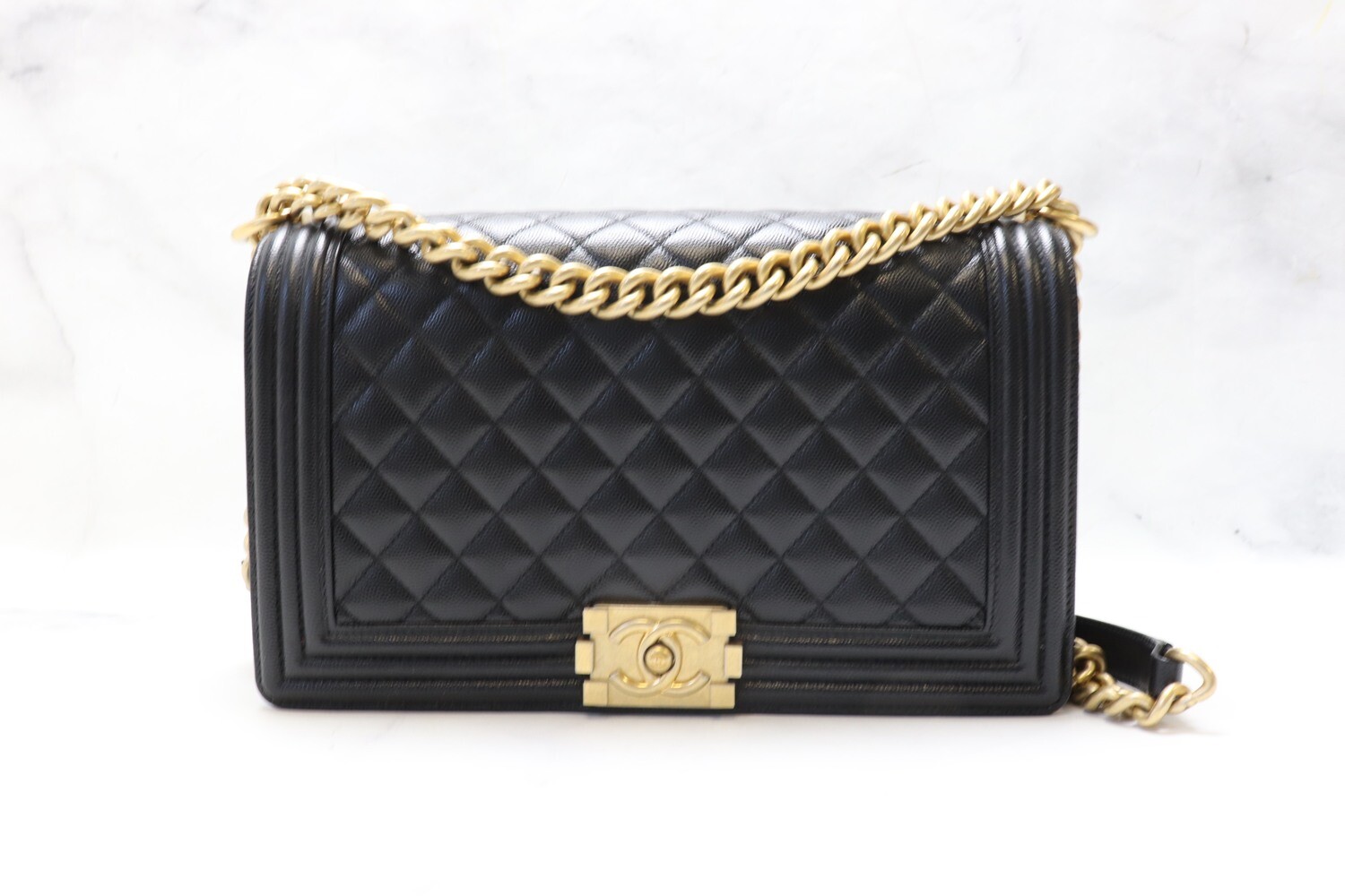 Chanel Boy New Medium, Black Caviar Leather, Antique Gold Hardware, Preowned in Dustbag