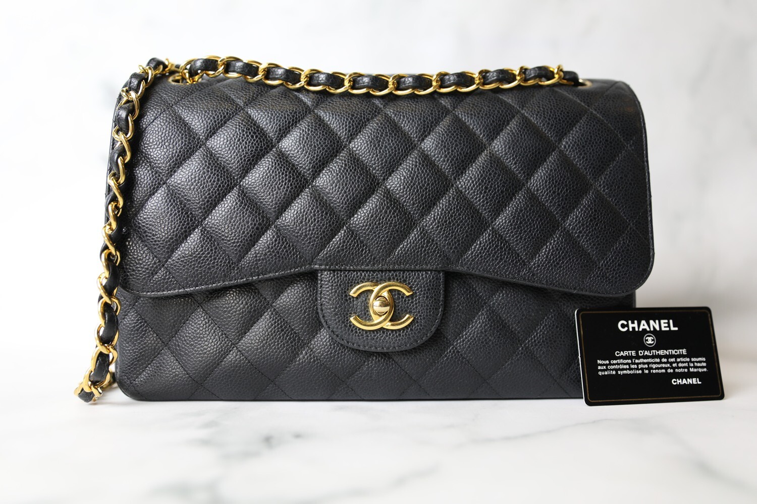 Chanel Classic Jumbo, Black Caviar with Gold Hardware, Preowned in Box WA001