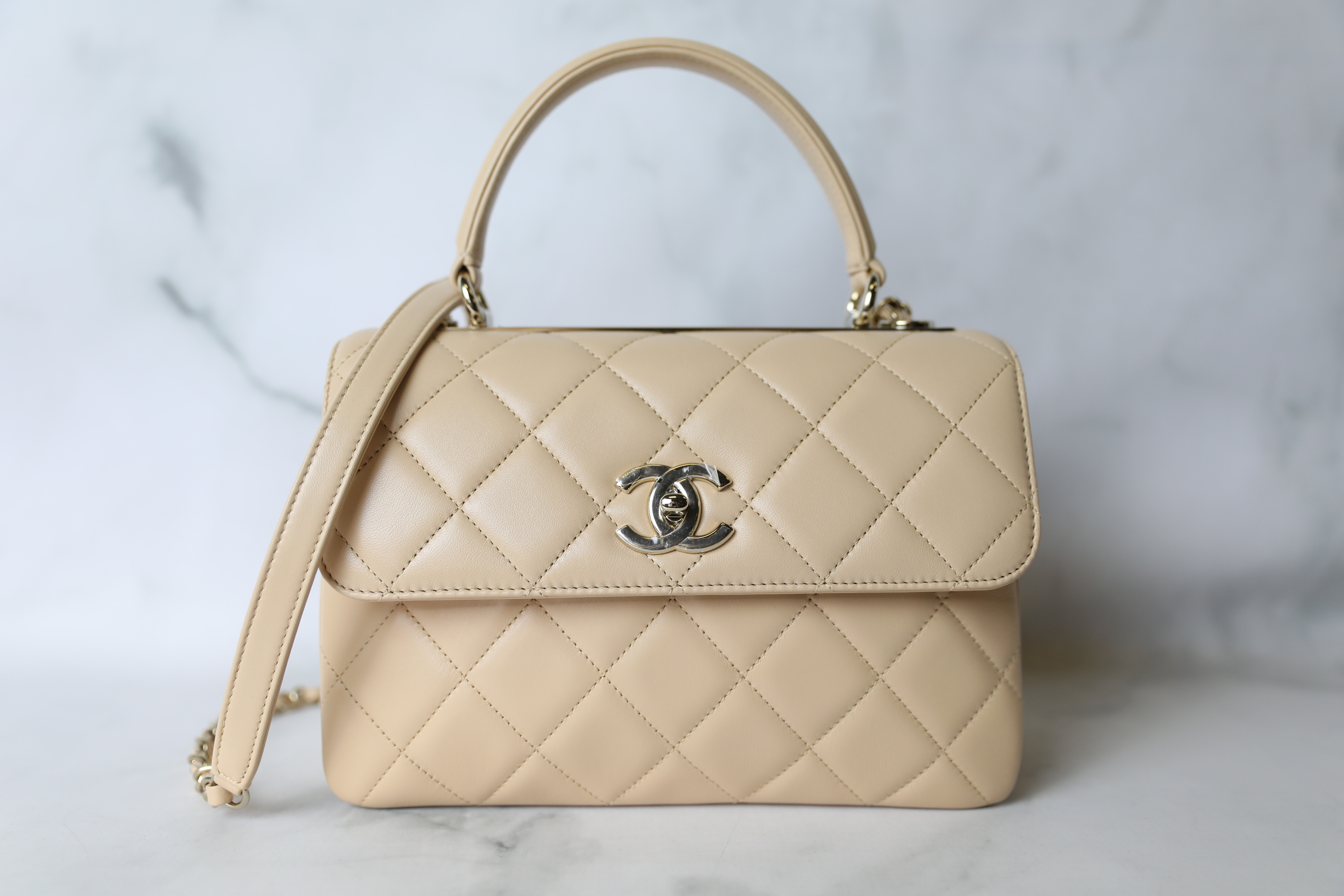 Chanel Medium Diana Flap, Distressed Patent Leather, Beige GHW