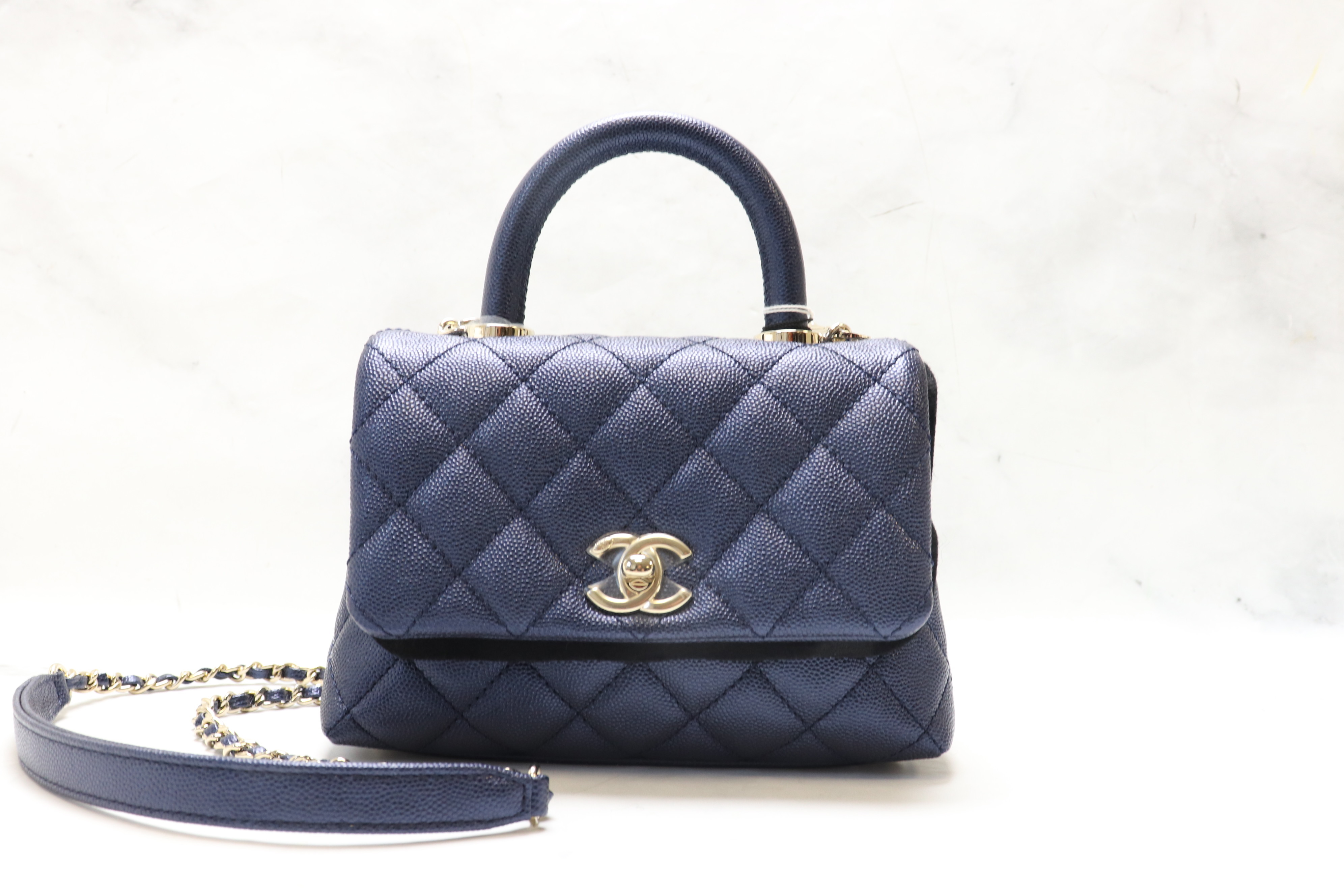 Chanel Coco Handle Mini, Navy Caviar Leather, Light Gold Hardware, New in  Box
