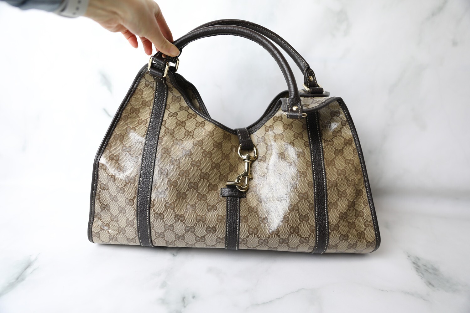 Gucci Hobo, Coated Monogram Canvas with Black Trim, Preowned in Dustbag WA001